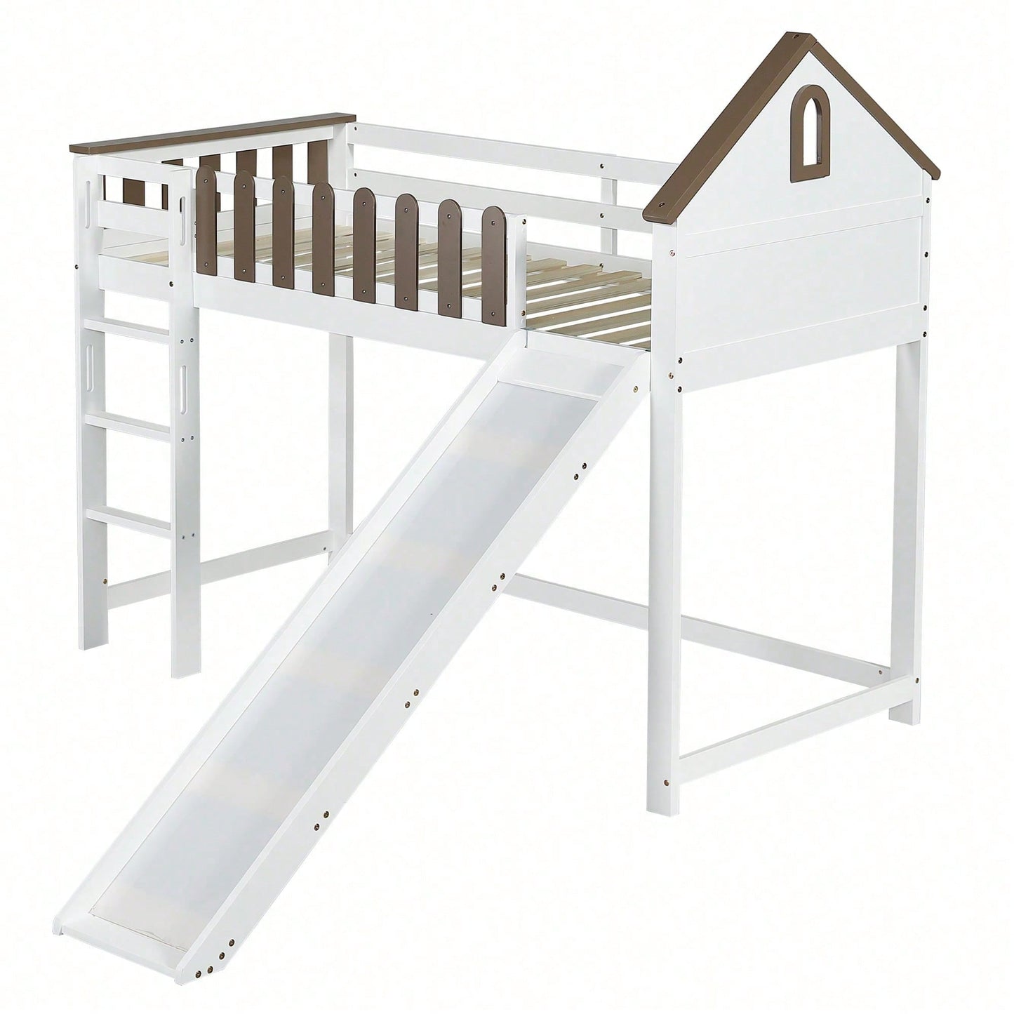 Weißes Hochbett mit Walnuss-Dach & Rutsche – Kinder- & Jugendbett mit Fenster, 3-stufiger Leiter & Spielbereich (Kiefer/MDF, 90x200 cm)