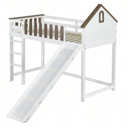 Weißes Hochbett mit Walnuss-Dach & Rutsche – Kinder- & Jugendbett mit Fenster, 3-stufiger Leiter & Spielbereich (Kiefer/MDF, 90x200 cm)