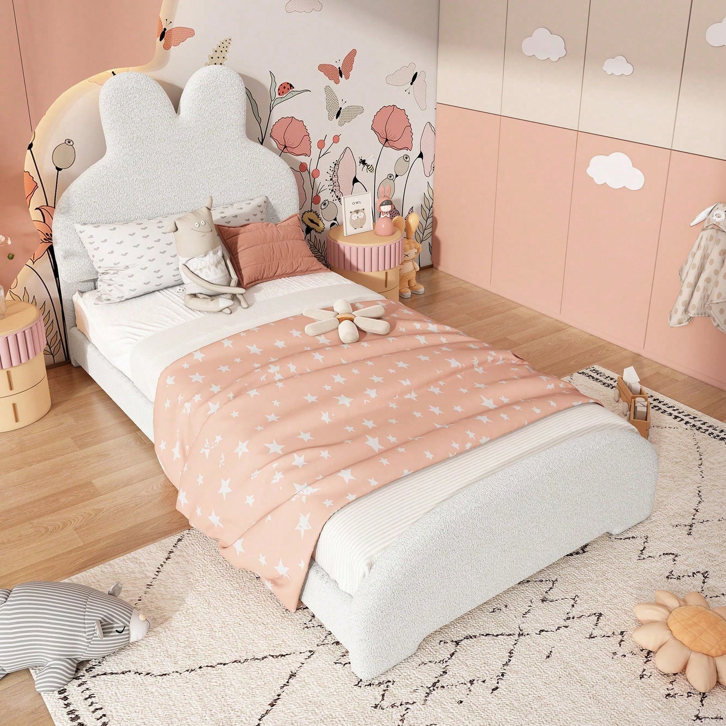 Weißes Einzelbett mit Hasenohren-Kopfteil – Niedliches Cartoon-Design, Flauschiges Vliesimitat, 90x200 cm – Stilvoll & Gemütlich