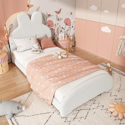 Weißes Einzelbett mit Hasenohren-Kopfteil – Niedliches Cartoon-Design, Flauschiges Vliesimitat, 90x200 cm – Stilvoll & Gemütlich