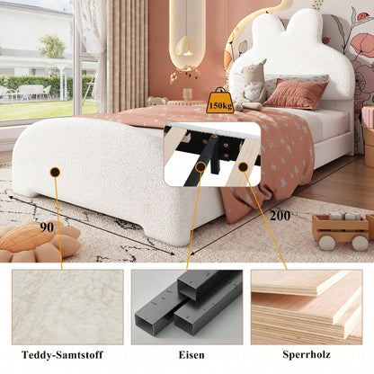 Weißes Einzelbett mit Hasenohren-Kopfteil – Niedliches Cartoon-Design, Flauschiges Vliesimitat, 90x200 cm – Stilvoll & Gemütlich