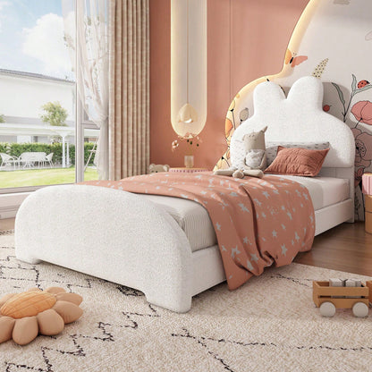 Weißes Einzelbett mit Hasenohren-Kopfteil – Niedliches Cartoon-Design, Flauschiges Vliesimitat, 90x200 cm – Stilvoll & Gemütlich