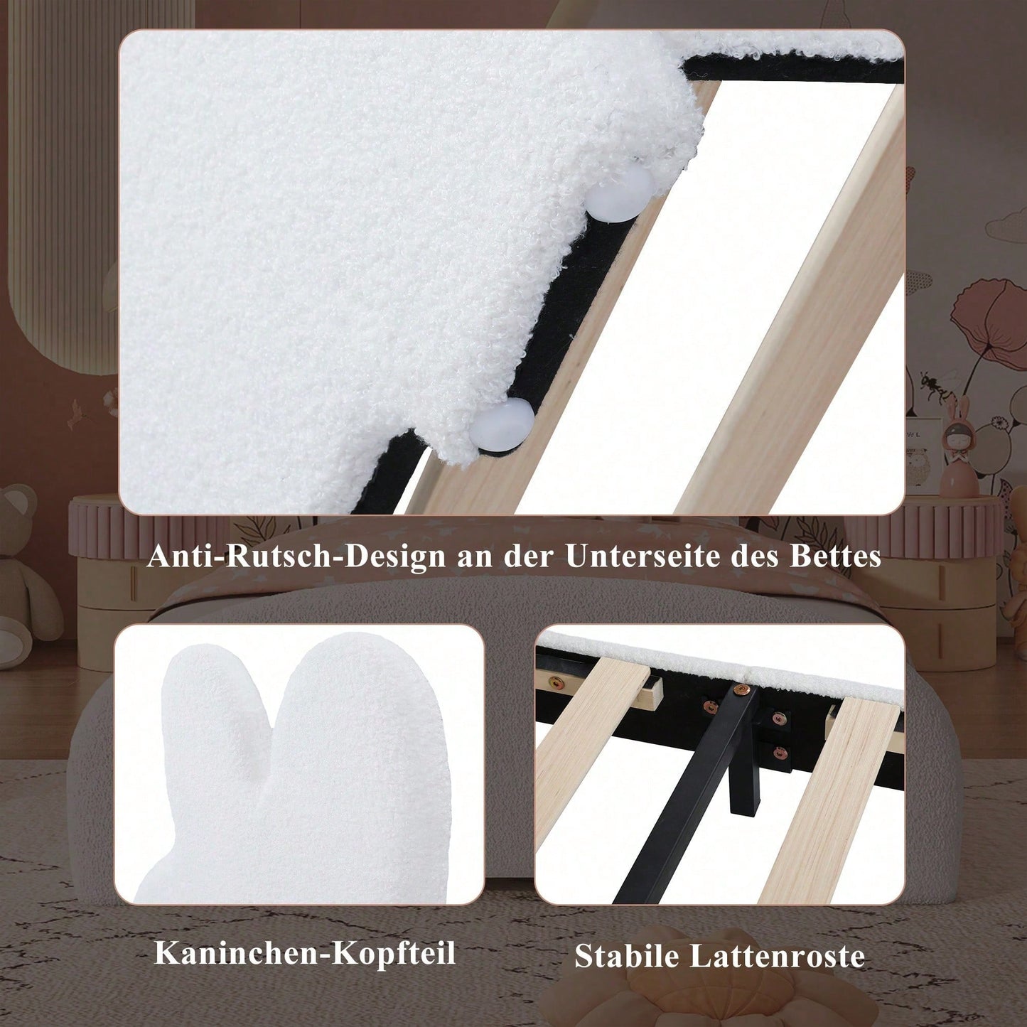 Weißes Einzelbett mit Hasenohren-Kopfteil – Niedliches Cartoon-Design, Flauschiges Vliesimitat, 90x200 cm – Stilvoll & Gemütlich