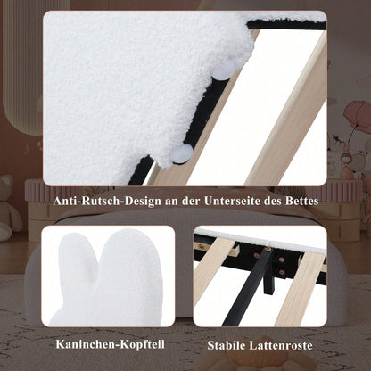 Weißes Einzelbett mit Hasenohren-Kopfteil – Niedliches Cartoon-Design, Flauschiges Vliesimitat, 90x200 cm – Stilvoll & Gemütlich