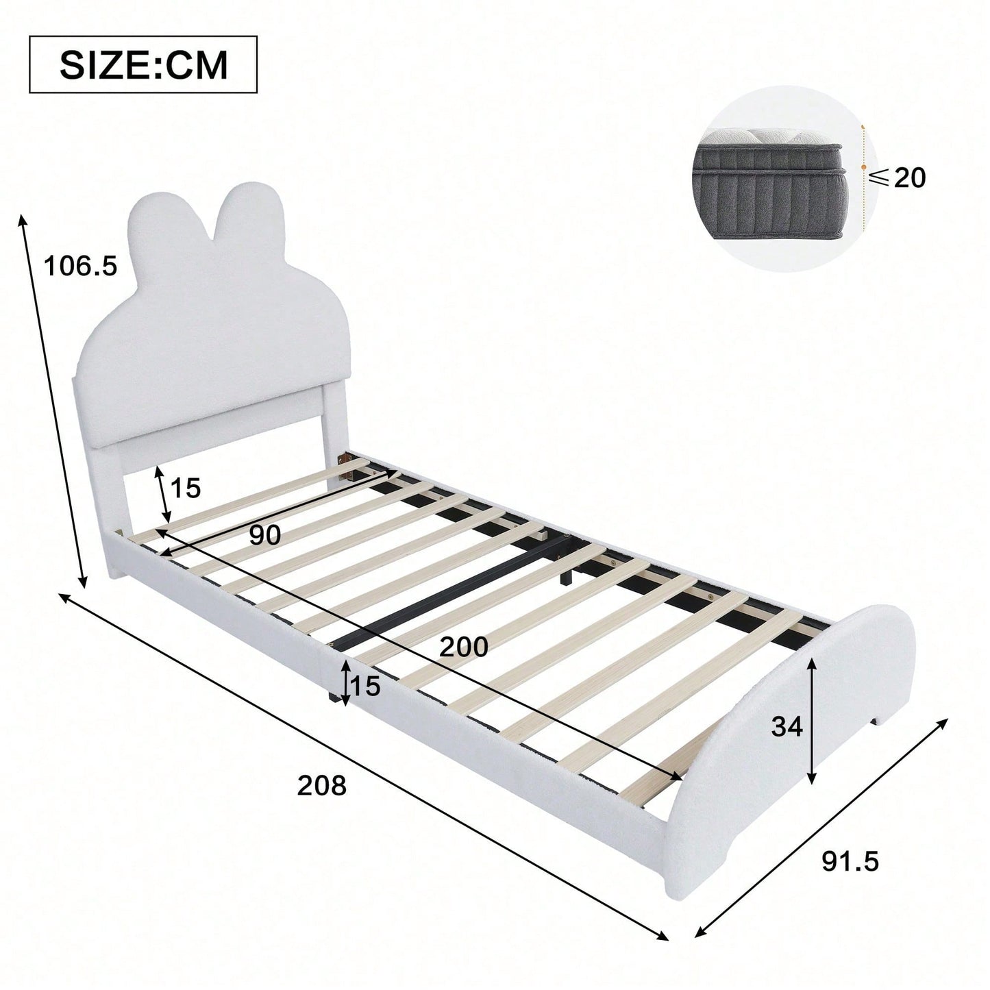 Weißes Einzelbett mit Hasenohren-Kopfteil – Niedliches Cartoon-Design, Flauschiges Vliesimitat, 90x200 cm – Stilvoll & Gemütlich