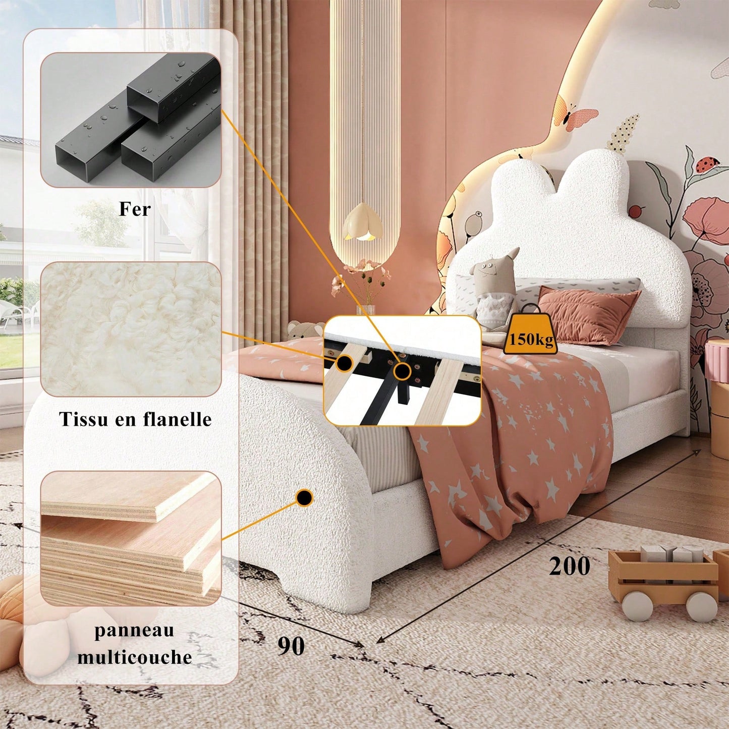 Weißes Einzelbett mit Hasenohren-Kopfteil – Niedliches Cartoon-Design, Flauschiges Vliesimitat, 90x200 cm – Stilvoll & Gemütlich