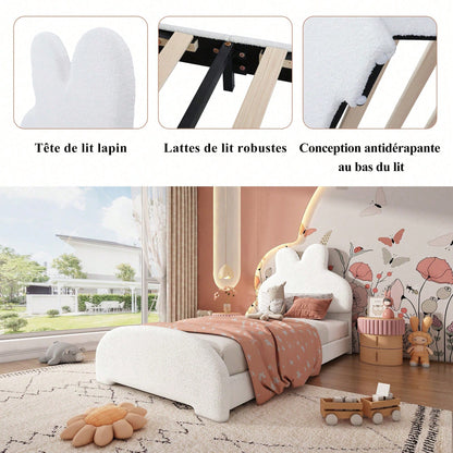 Weißes Einzelbett mit Hasenohren-Kopfteil – Niedliches Cartoon-Design, Flauschiges Vliesimitat, 90x200 cm – Stilvoll & Gemütlich