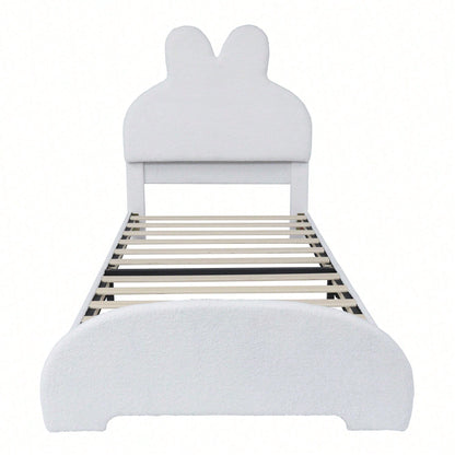 Weißes Einzelbett mit Hasenohren-Kopfteil – Niedliches Cartoon-Design, Flauschiges Vliesimitat, 90x200 cm – Stilvoll & Gemütlich