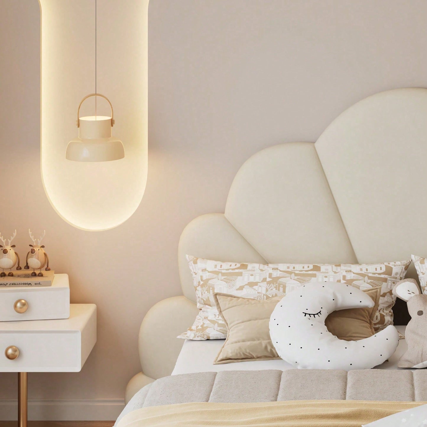 Beiges Samt-Doppelbett mit Blütenblatt-Kopfteil – Modernes Polsterbett 140x200 cm, Elegantes & Bequemes Bettgestell mit Geschwungenem Design