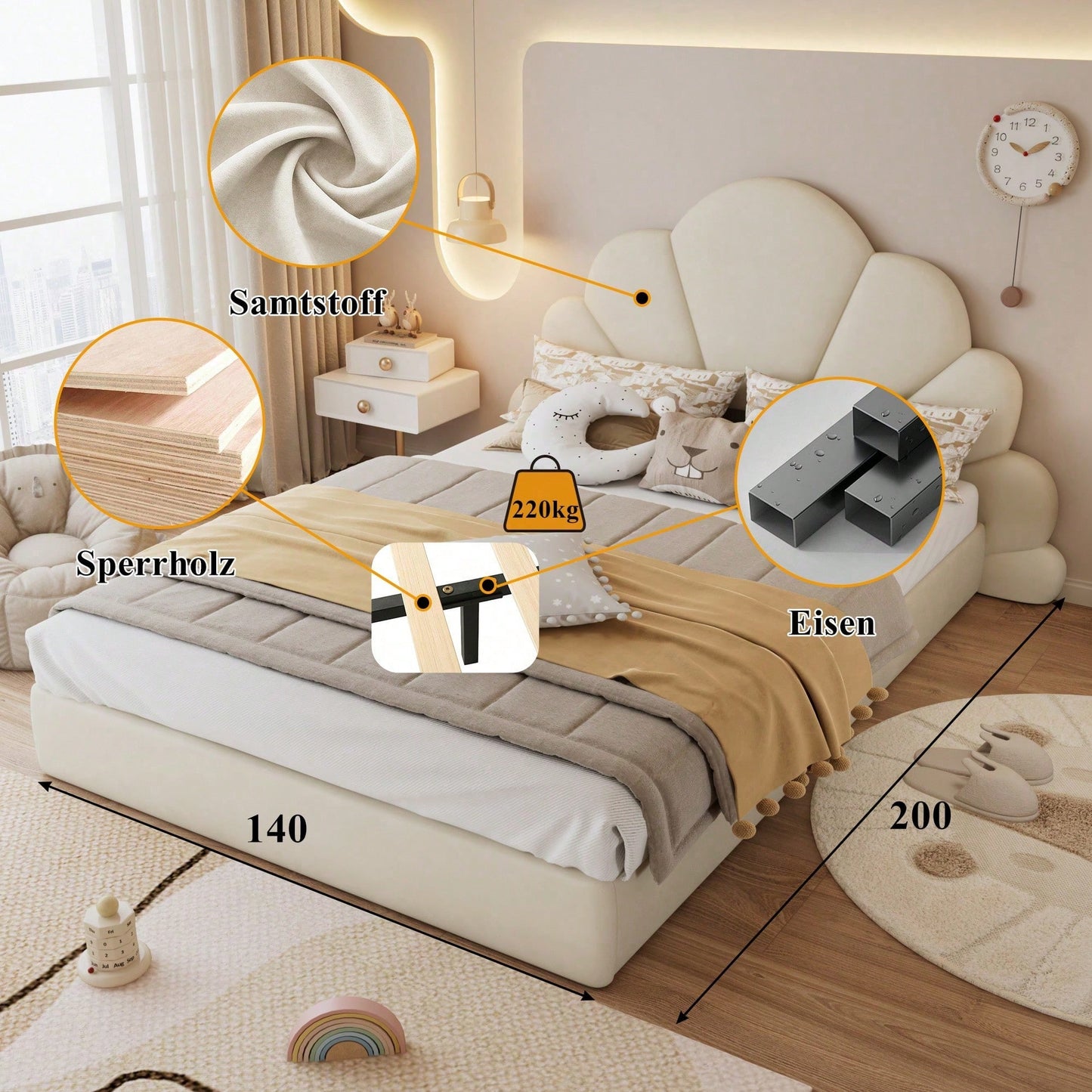 Beiges Samt-Doppelbett mit Blütenblatt-Kopfteil – Modernes Polsterbett 140x200 cm, Elegantes & Bequemes Bettgestell mit Geschwungenem Design