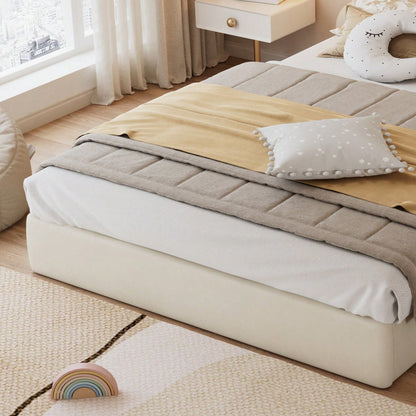 Beiges Samt-Doppelbett mit Blütenblatt-Kopfteil – Modernes Polsterbett 140x200 cm, Elegantes & Bequemes Bettgestell mit Geschwungenem Design