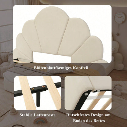 Beiges Samt-Doppelbett mit Blütenblatt-Kopfteil – Modernes Polsterbett 140x200 cm, Elegantes & Bequemes Bettgestell mit Geschwungenem Design