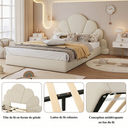 Beiges Samt-Doppelbett mit Blütenblatt-Kopfteil – Modernes Polsterbett 140x200 cm, Elegantes & Bequemes Bettgestell mit Geschwungenem Design