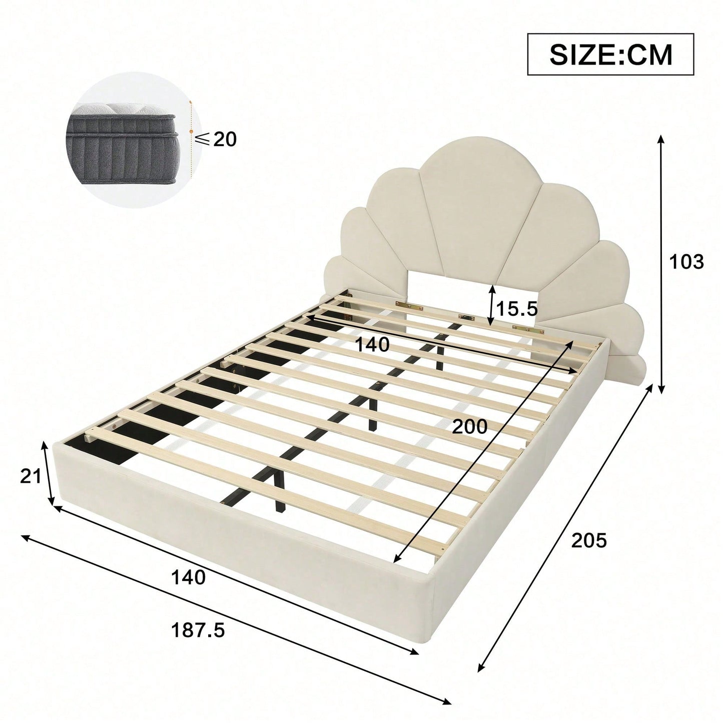 Beiges Samt-Doppelbett mit Blütenblatt-Kopfteil – Modernes Polsterbett 140x200 cm, Elegantes & Bequemes Bettgestell mit Geschwungenem Design