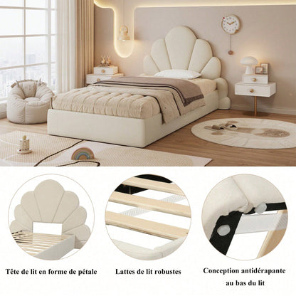 Beige Samt Einzelbett mit Blütenblatt-Kopfteil – Modernes Polsterbett 90x200 cm, Elegantes & Bequemes Bettgestell mit Geschwungenem Design