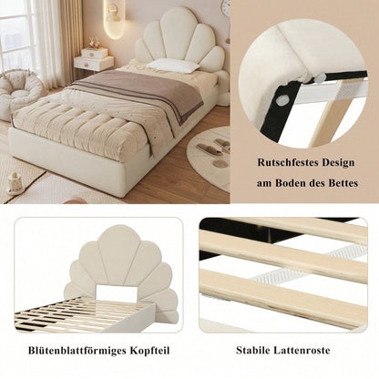 Beige Samt Einzelbett mit Blütenblatt-Kopfteil – Modernes Polsterbett 90x200 cm, Elegantes & Bequemes Bettgestell mit Geschwungenem Design