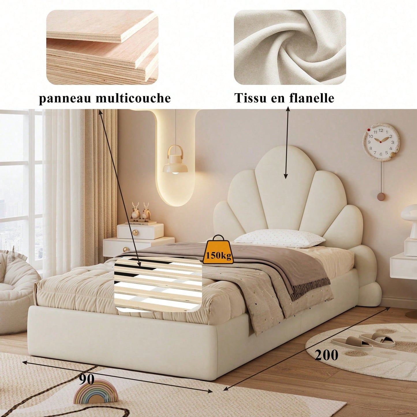 Beige Samt Einzelbett mit Blütenblatt-Kopfteil – Modernes Polsterbett 90x200 cm, Elegantes & Bequemes Bettgestell mit Geschwungenem Design