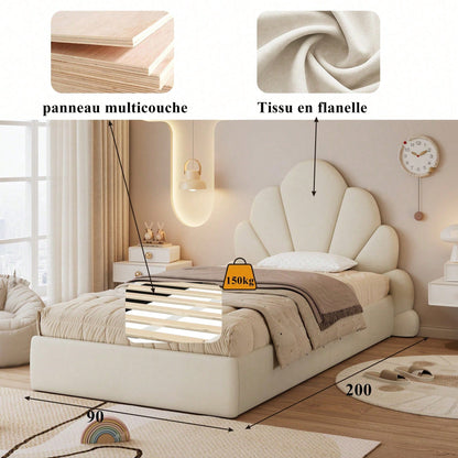 Beige Samt Einzelbett mit Blütenblatt-Kopfteil – Modernes Polsterbett 90x200 cm, Elegantes & Bequemes Bettgestell mit Geschwungenem Design