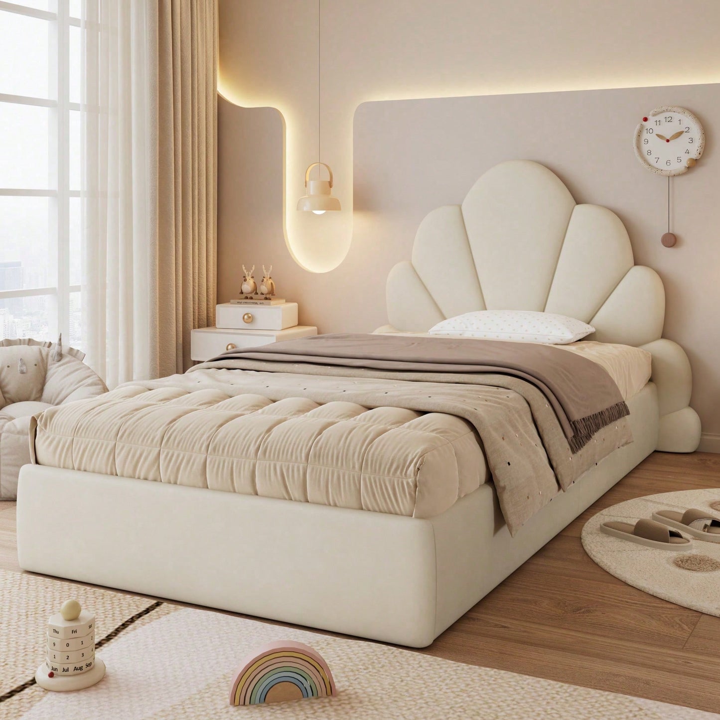 Beige Samt Einzelbett mit Blütenblatt-Kopfteil – Modernes Polsterbett 90x200 cm, Elegantes & Bequemes Bettgestell mit Geschwungenem Design