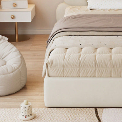 Beige Samt Einzelbett mit Blütenblatt-Kopfteil – Modernes Polsterbett 90x200 cm, Elegantes & Bequemes Bettgestell mit Geschwungenem Design