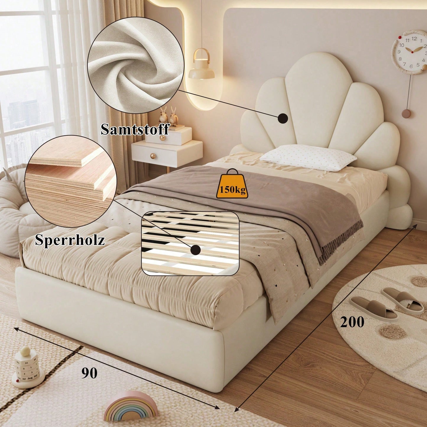 Beige Samt Einzelbett mit Blütenblatt-Kopfteil – Modernes Polsterbett 90x200 cm, Elegantes & Bequemes Bettgestell mit Geschwungenem Design