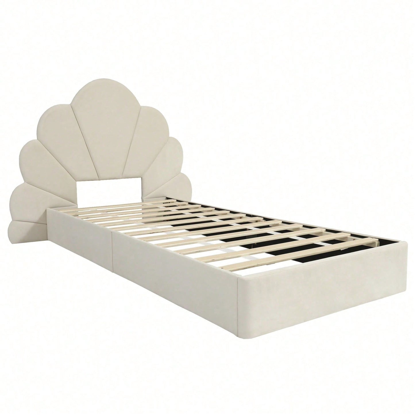 Beige Samt Einzelbett mit Blütenblatt-Kopfteil – Modernes Polsterbett 90x200 cm, Elegantes & Bequemes Bettgestell mit Geschwungenem Design