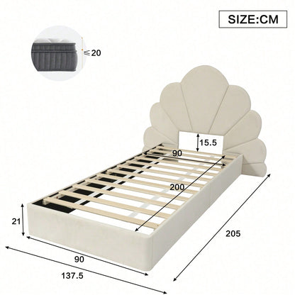 Beige Samt Einzelbett mit Blütenblatt-Kopfteil – Modernes Polsterbett 90x200 cm, Elegantes & Bequemes Bettgestell mit Geschwungenem Design