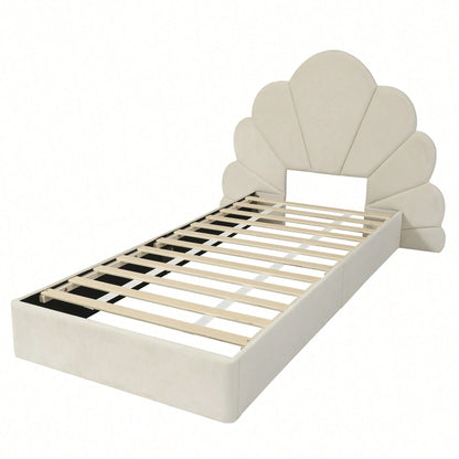 Beige Samt Einzelbett mit Blütenblatt-Kopfteil – Modernes Polsterbett 90x200 cm, Elegantes & Bequemes Bettgestell mit Geschwungenem Design
