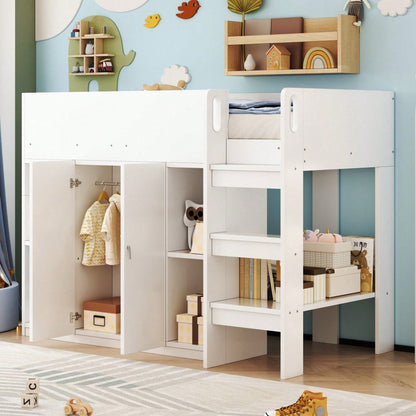 Hochbett 90x200 cm mit Stauraum & Schrank – Multifunktionales Kinderbett mit Regalen, Sicherheitsleiter & stabiler Konstruktion – Weiß