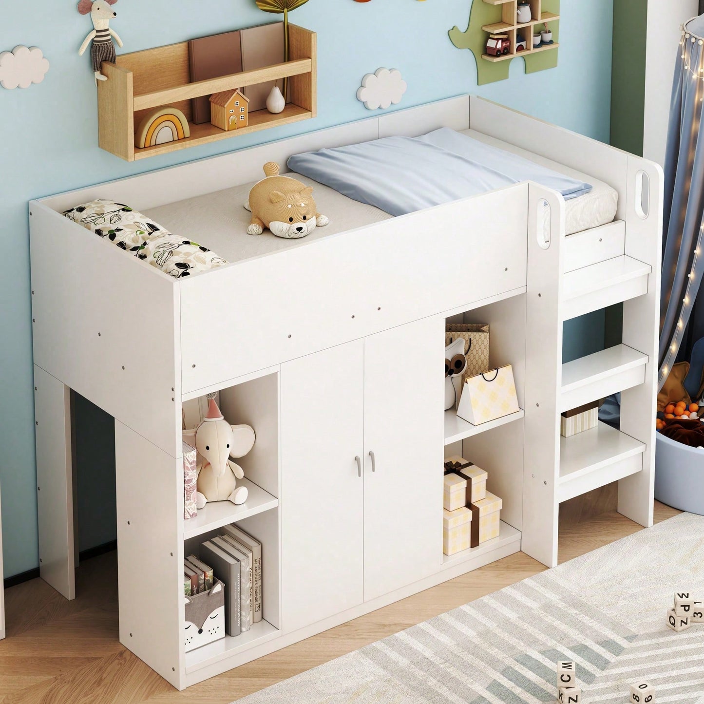 Hochbett 90x200 cm mit Stauraum & Schrank – Multifunktionales Kinderbett mit Regalen, Sicherheitsleiter & stabiler Konstruktion – Weiß
