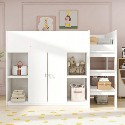 Hochbett 90x200 cm mit Stauraum & Schrank – Multifunktionales Kinderbett mit Regalen, Sicherheitsleiter & stabiler Konstruktion – Weiß