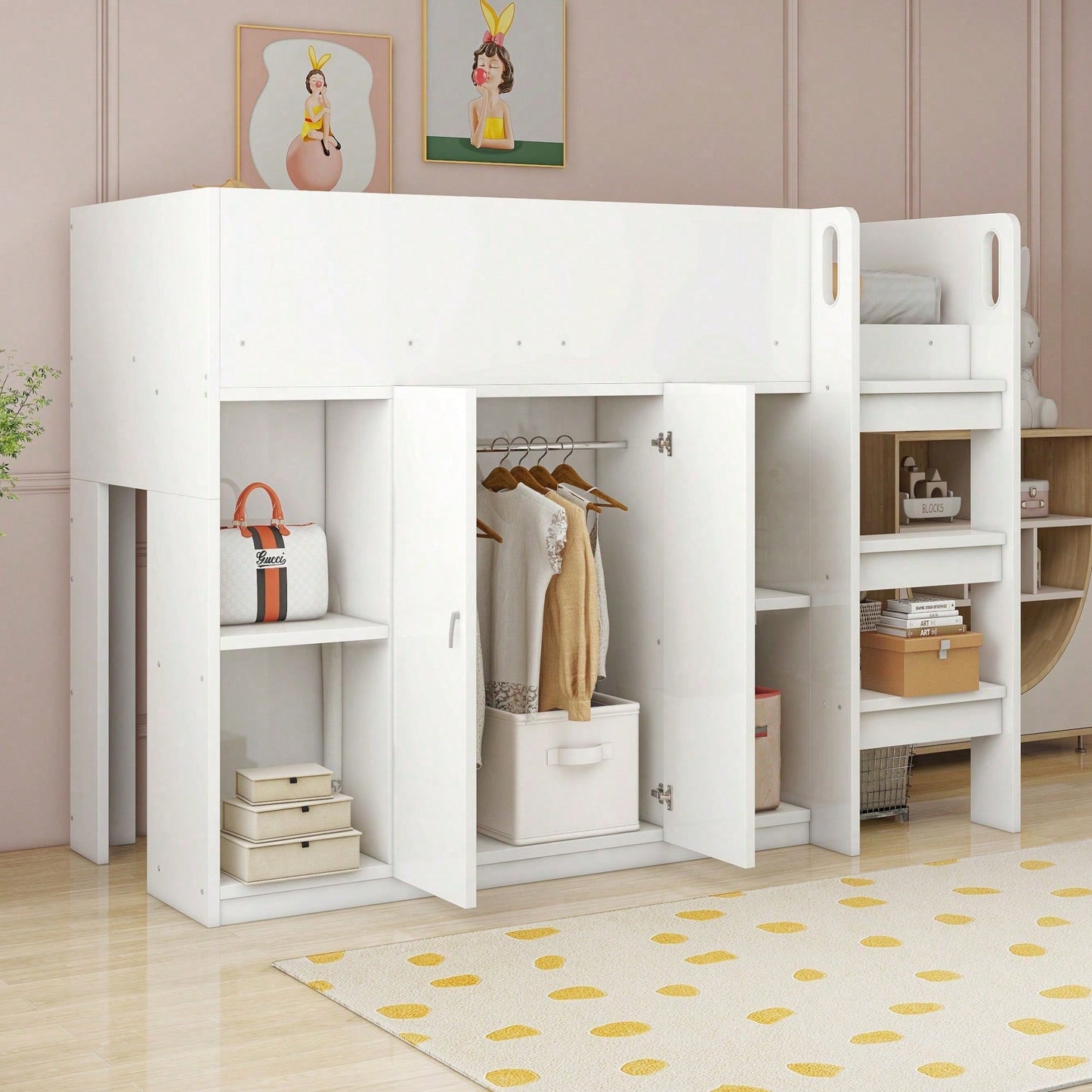 Hochbett 90x200 cm mit Stauraum & Schrank – Multifunktionales Kinderbett mit Regalen, Sicherheitsleiter & stabiler Konstruktion – Weiß