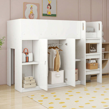 Hochbett 90x200 cm mit Stauraum & Schrank – Multifunktionales Kinderbett mit Regalen, Sicherheitsleiter & stabiler Konstruktion – Weiß
