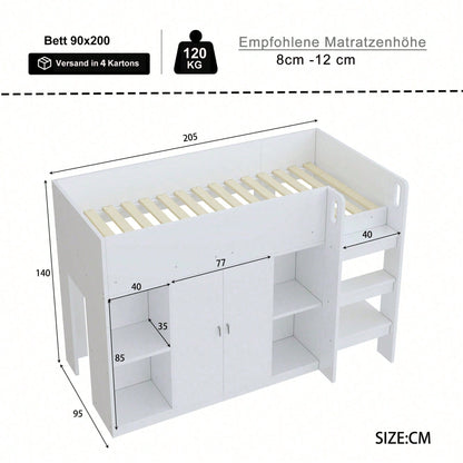 Hochbett 90x200 cm mit Stauraum & Schrank – Multifunktionales Kinderbett mit Regalen, Sicherheitsleiter & stabiler Konstruktion – Weiß