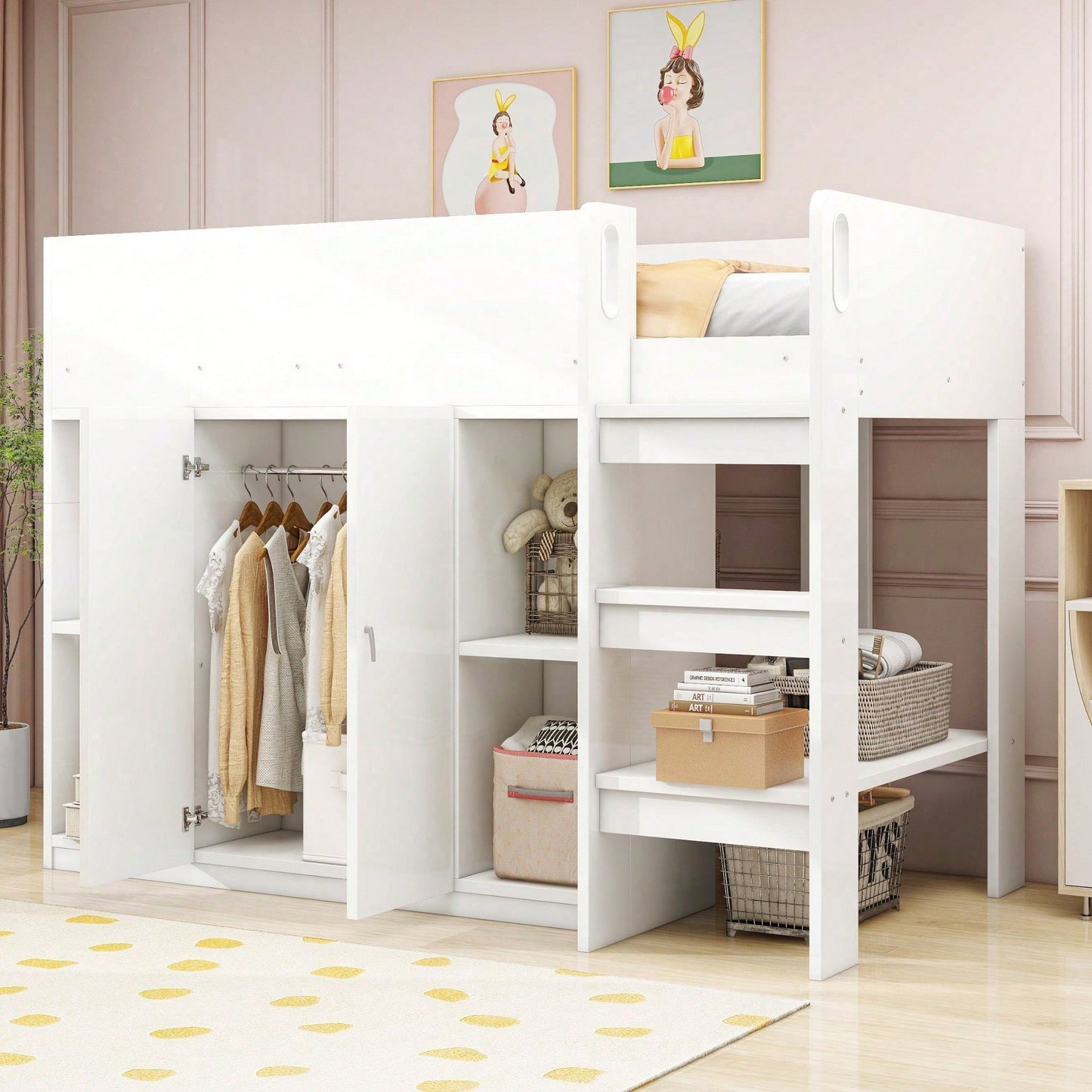 Hochbett 90x200 cm mit Stauraum & Schrank – Multifunktionales Kinderbett mit Regalen, Sicherheitsleiter & stabiler Konstruktion – Weiß