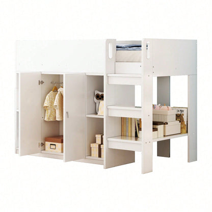 Hochbett 90x200 cm mit Stauraum & Schrank – Multifunktionales Kinderbett mit Regalen, Sicherheitsleiter & stabiler Konstruktion – Weiß