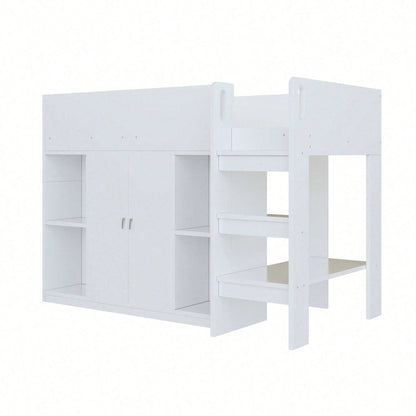 Hochbett 90x200 cm mit Stauraum & Schrank – Multifunktionales Kinderbett mit Regalen, Sicherheitsleiter & stabiler Konstruktion – Weiß