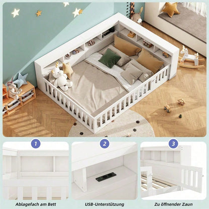 Tagesbett 140x190 cm - Modernes Daybed mit Staufach & USB-Steckdose - Schlafsofa mit Lattenrost (ohne Matratze) & Brüstung - Graues Platzsparbett aus Spanplatte"