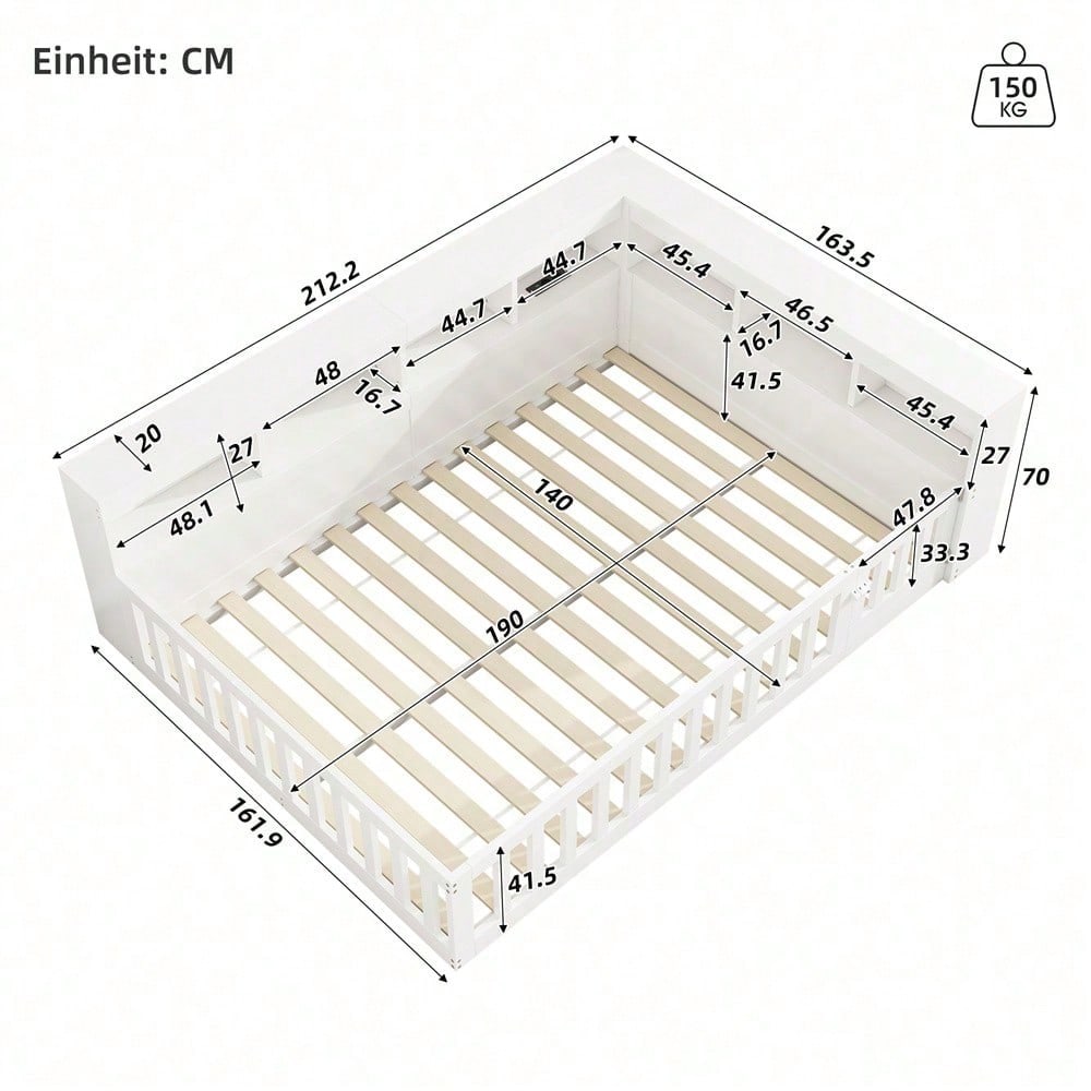 Tagesbett 140x190 cm - Modernes Daybed mit Staufach & USB-Steckdose - Schlafsofa mit Lattenrost (ohne Matratze) & Brüstung - Graues Platzsparbett aus Spanplatte"