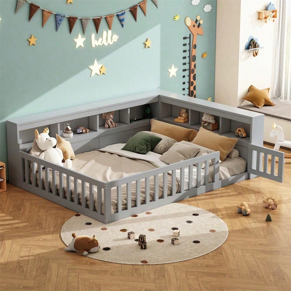 Tagesbett 140x190 cm - Modernes Daybed mit Staufach & USB-Steckdose - Schlafsofa mit Lattenrost (ohne Matratze) & Brüstung - Graues Platzsparbett aus Spanplatte"