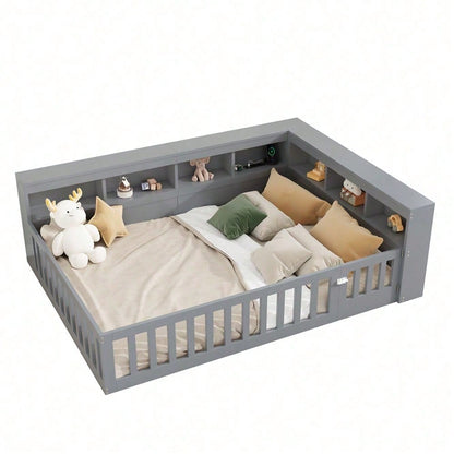 Tagesbett 140x190 cm - Modernes Daybed mit Staufach & USB-Steckdose - Schlafsofa mit Lattenrost (ohne Matratze) & Brüstung - Graues Platzsparbett aus Spanplatte"