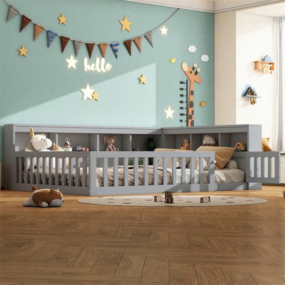 Tagesbett 140x190 cm - Modernes Daybed mit Staufach & USB-Steckdose - Schlafsofa mit Lattenrost (ohne Matratze) & Brüstung - Graues Platzsparbett aus Spanplatte"