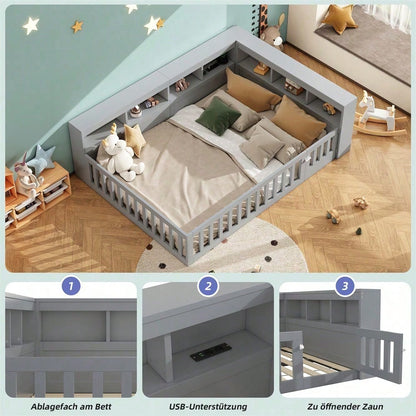 Tagesbett 140x190 cm - Modernes Daybed mit Staufach & USB-Steckdose - Schlafsofa mit Lattenrost (ohne Matratze) & Brüstung - Graues Platzsparbett aus Spanplatte"