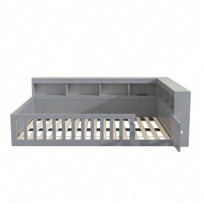 Tagesbett 140x190 cm - Modernes Daybed mit Staufach & USB-Steckdose - Schlafsofa mit Lattenrost (ohne Matratze) & Brüstung - Graues Platzsparbett aus Spanplatte"