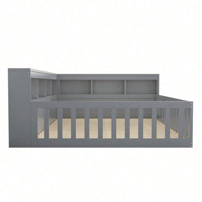 Tagesbett 140x190 cm - Modernes Daybed mit Staufach & USB-Steckdose - Schlafsofa mit Lattenrost (ohne Matratze) & Brüstung - Graues Platzsparbett aus Spanplatte"