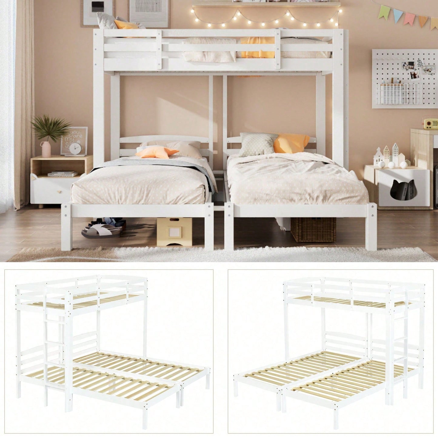 Etagenbett Dreierbett für Kinder & Jugendliche – Dreifaches Hochbett mit Seitenleiter, stabil & platzsparend – Weiß