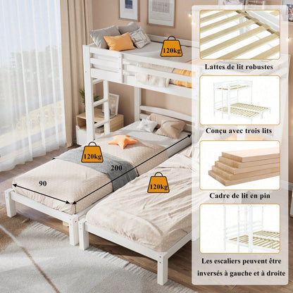 Etagenbett Dreierbett für Kinder & Jugendliche – Dreifaches Hochbett mit Seitenleiter, stabil & platzsparend – Weiß