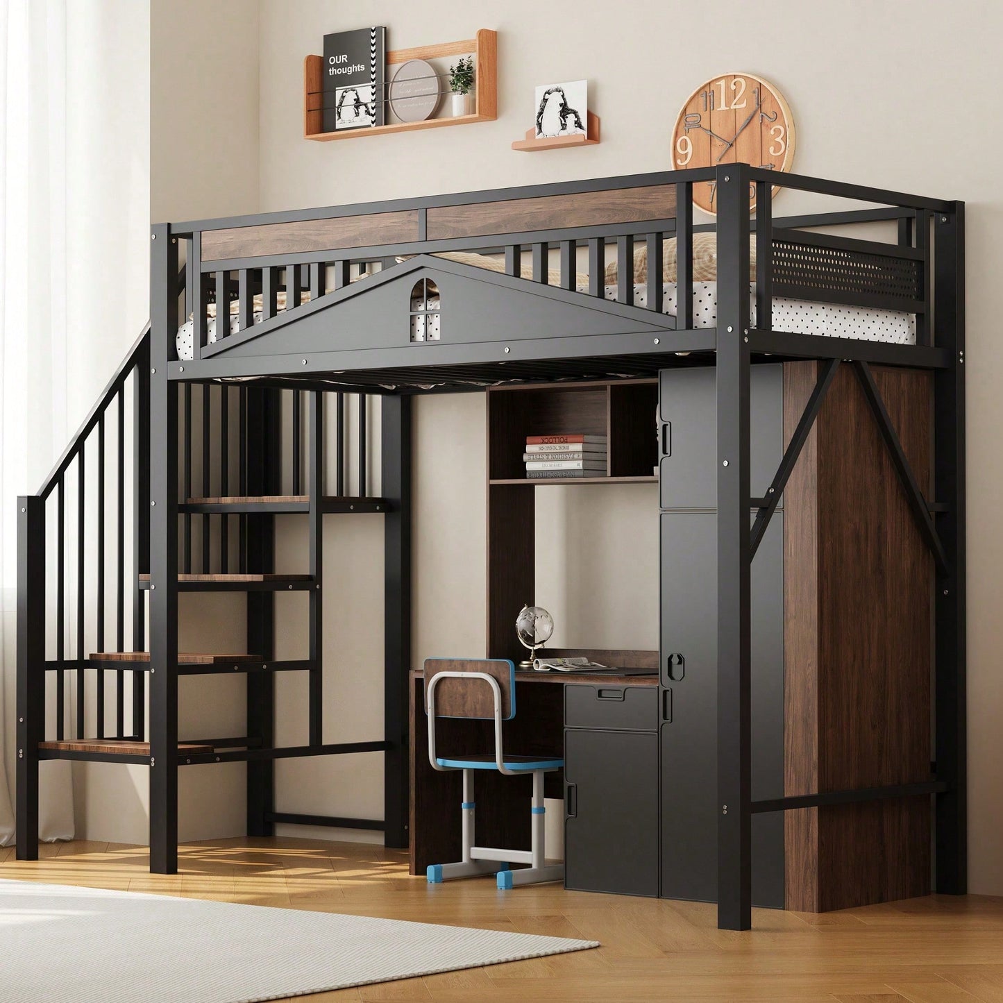 Weißes Metall-Hochbett 90x200 cm - Mit Sicherheitsumrandung, Fenster & stabiler Leiter, großzügiger Stauraum unter dem Bett