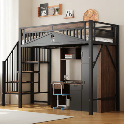 Weißes Metall-Hochbett 90x200 cm - Mit Sicherheitsumrandung, Fenster & stabiler Leiter, großzügiger Stauraum unter dem Bett