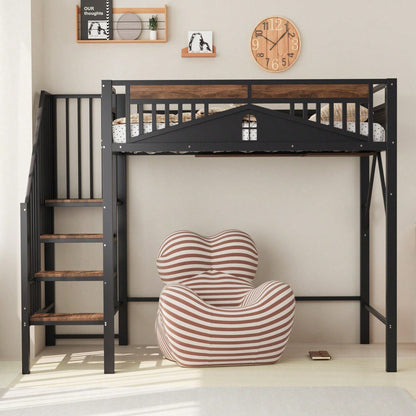 Weißes Metall-Hochbett 90x200 cm - Mit Sicherheitsumrandung, Fenster & stabiler Leiter, großzügiger Stauraum unter dem Bett